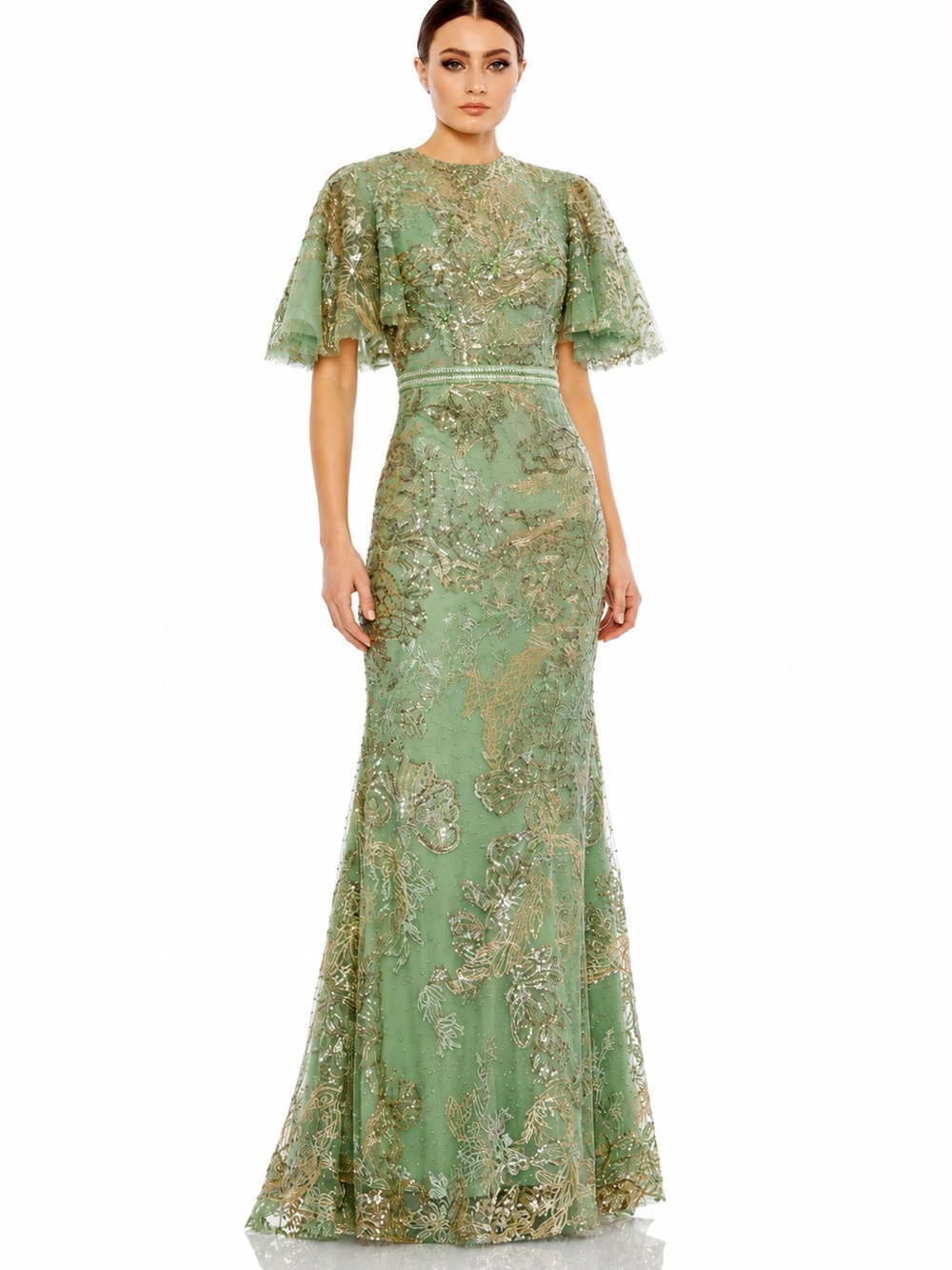 NWT Mac Duggal Sage Embellished 20438 Flutter Sleeve High Neck Gown Size 4